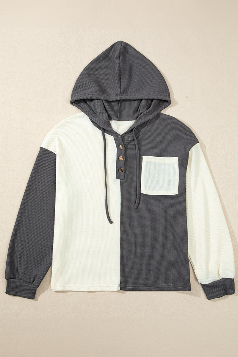 Dark Grey Waffle Colorblock Buttons Placket Drop Shoulder Drawstring Hoodie