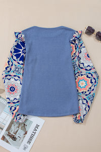 Ashleigh Blue Ruffled Floral Sleeve Patchwork Waffle Knit O Neck Blouse