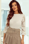 Beige Sunflower Mesh Bubble Sleeve Waffle Knit Top