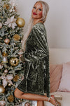 Jungle Green Velvet Long Sleeve V Neck Loose Dress with Pockets