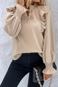 Khaki Ruffled Lace up Bubble Sleeve Blouse