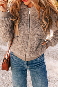 Light French Beige Zipper Pocketed Winter Fuzzy Jacket