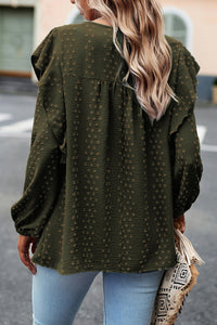 Blackish Green Lace Eyelet Ruffle Shoulder Long Sleeve Blouse