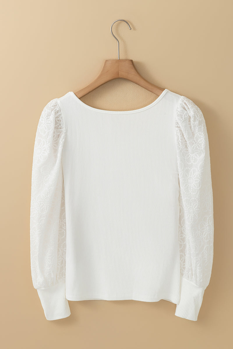 White Flower Puff Sleeve Ribbed Knit Top