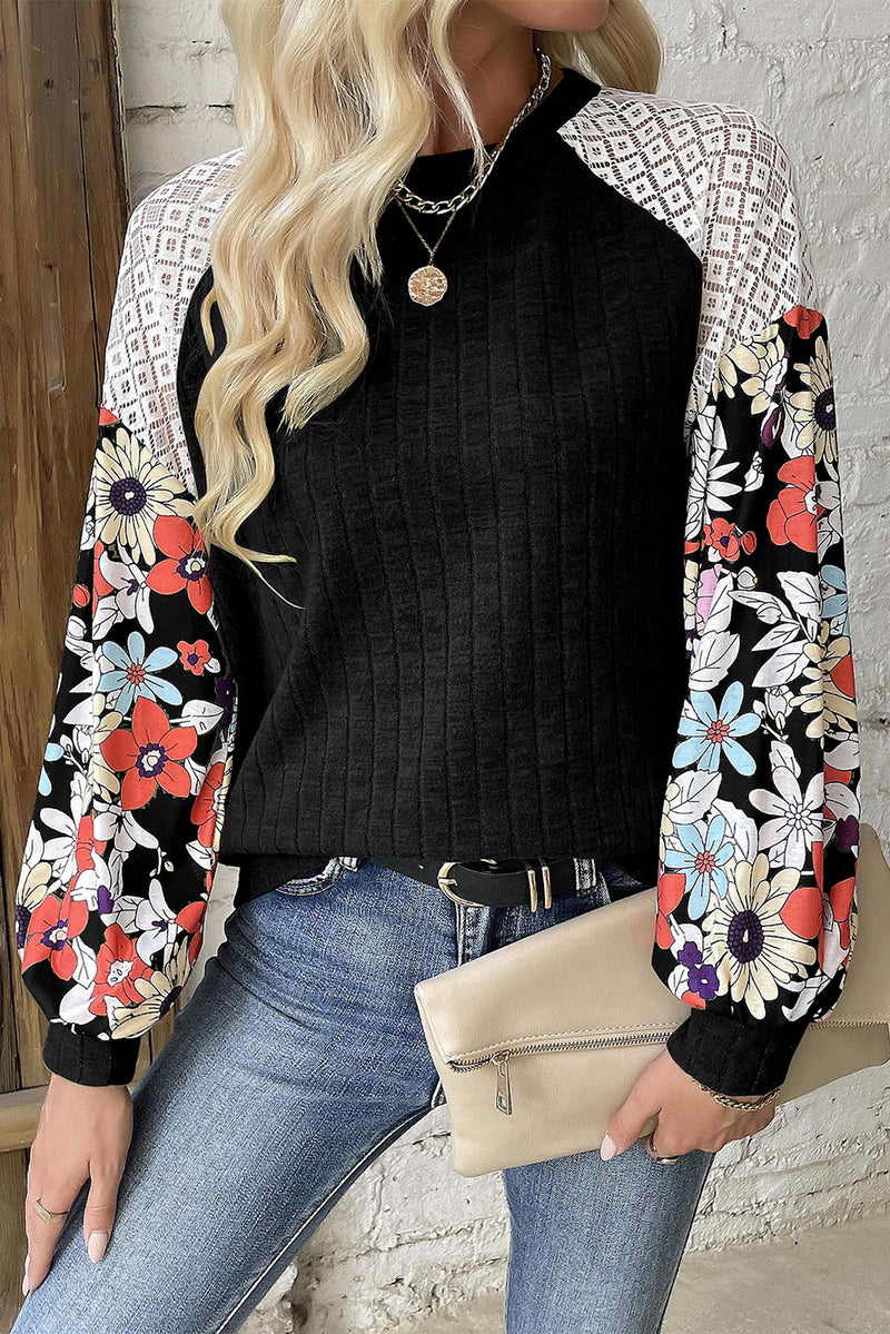 Black Floral Patchwork Long Sleeve Ribbed Blouse