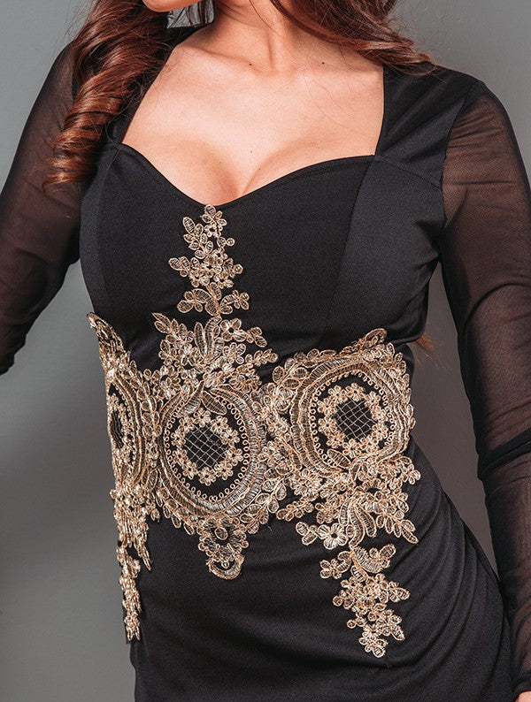 ELEGANT DRESS WITH LONG SLEEVES AND DECORATION VETTE black